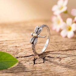 Baby Wings,'18k Gold-Accented Cocktail Ring with Folk Art Dragonfly'