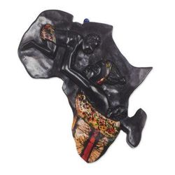 African Mother,'Sese Wood African Continent Relief Panel from Ghana'
