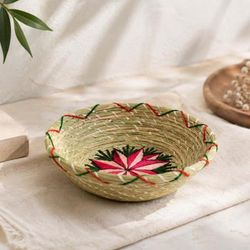 Artisanal Charm,'Floral Handwoven Embroidered Natural Fiber Decorative Basket'