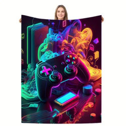 1pc Cool Gamepad Flannel Printed Blanket Contemporary Style Soft And Comfortable Blankets Travel Sofa Bed Office Home Decor Gift