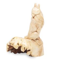 Into the Wild,'Handmade Hibiscus Wood Statuette with Wolf Motif'