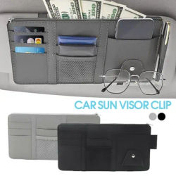 Organisateur de pare-soleil de voiture multi-poches, pochette de rangement pour documents de voiture, porte-stylo avec clip pour lunettes, pochette en cuir PU pour cartes et reçus