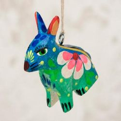 'Spring-Themed Blue & Green Pinewood Alebrije Bunny Ornament'