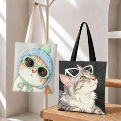 Sac fourre-tout pliable en toile avec motif de chat portant des lunettes de soleil, sac de rangement réutilisable et tendance pour femmes