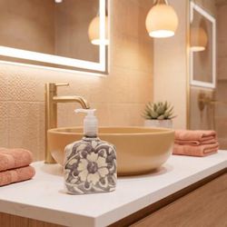 'Grey Talavera-Style Botanical Ceramic Liquid Soap Dispenser'