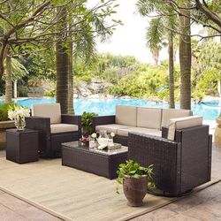 Palm Harbor 5Pc Outdoor Wicker Sofa Set Sand/Brown - Sofa, Side Table, Coffee Table, & 2 Swivel Chairs - Crosley KO70057BR-SA