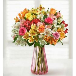 1-800-Flowers Flower Delivery Assorted Roses & Peruvian Lilies W/ Pink Vase | Same Day Delivery Available