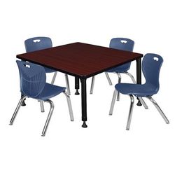"Kee 36" Square Height Adjustable Classroom Table in Mahogany & 4 Andy 12-in Stack Chairs in Navy Blue - Regency TB3636MHAPBK45NV"