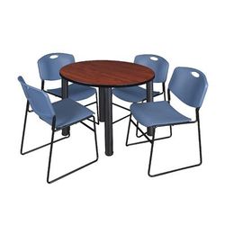 "Kee 42" Round Breakroom Table in Cherry/ Black & 4 Zeng Stack Chairs in Blue - Regency TB42RNDCHBPBK44BE"