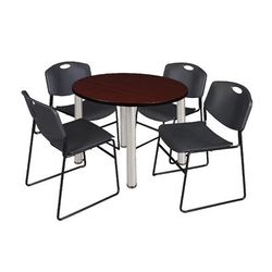 "Kee 42" Round Breakroom Table in Mahogany/ Chrome & 4 Zeng Stack Chairs in Black - Regency TB42RNDMHBPCM44BK"