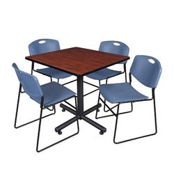 "Kobe 36" Square Breakroom Table in Cherry & 4 Zeng Stack Chairs in Blue - Regency TKB3636CH44BE"