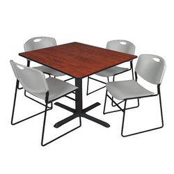"Cain 48" Square Breakroom Table in Cherry & 4 Zeng Stack Chairs in Grey - Regency TB4848CH44GY"