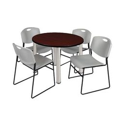 "Kee 42" Round Breakroom Table in Mahogany/ Chrome & 4 Zeng Stack Chairs in Grey - Regency TB42RNDMHBPCM44GY"