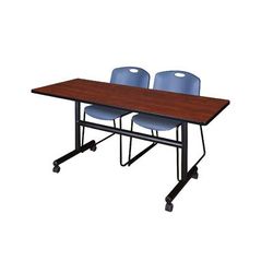 "60" x 30" Flip Top Mobile Training Table in Cherry & 2 Zeng Stack Chairs in Blue - Regency MKFT6030CH44BE"