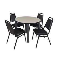 "Kee 42" Round Breakroom Table in Maple/ Black & 4 Restaurant Stack Chairs in Black - Regency TB42RNDPLBPBK29BK"