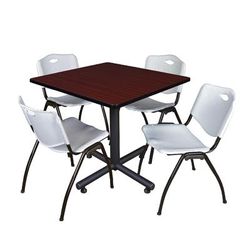 "Kobe 42" Square Breakroom Table in Mahogany & 4 'M' Stack Chairs in Grey - Regency TKB4242MH47GY"