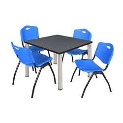 "Kee 42" Square Breakroom Table in Grey/ Chrome & 4 'M' Stack Chairs in Blue - Regency TB4242GYBPCM47BE"