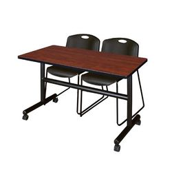 "48" x 30" Flip Top Mobile Training Table in Cherry & 2 Zeng Stack Chairs in Black - Regency MKFT4830CH44BK"