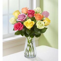 1-800-Flowers Flower Delivery One Dozen Assorted Roses For Mother's Day W/ Clear Vase