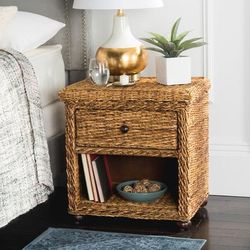 "Magi Natural Brown Wicker Nightstand w/ Drawer & 8"H Storage in Natural Abaca Brown - Safavieh SEA8001A"