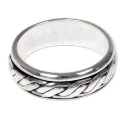 Lightning Track,'Textured Silver Handcrafted Men's Band Ring from Bali'