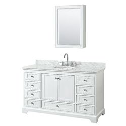 60 Inch Single Bathroom Vanity in White, White Carrara Marble Countertop, Undermount Oval Sink, and Medicine Cabinet - Wyndham WCS202060SWHCMUNOMED