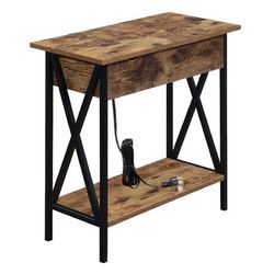 Tucson Flip Top End Table with Charging Station and Shelf in Barnwood/Black - Convenience Concepts 161859BDW
