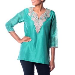 Sea Princess,'Sea Green Silk and Cotton Tunic with Golden Embroidery'