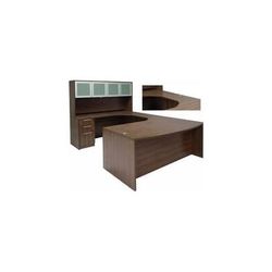 Modern Walnut Conference U-Shaped Workstation w/Hutch & Curved Bridge