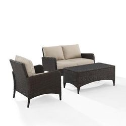 Kiawah 3Pc Outdoor Wicker Conversation Set Sand/Brown - Loveseat, Arm Chair & Coffee Table - Crosley KO70031BR-SA