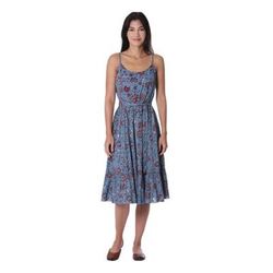 Garden Bliss,'Floral Printed Cotton Sundress in Cerulean from India'