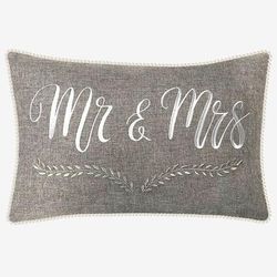 "Mr & Mrs" Decorative Pillow by Levinsohn Textiles in Grey
