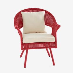Roma Hand-Woven Resin Wicker Stacking Chair by BrylaneHome in Coral + Free Seat & Back Cushions