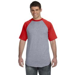 Augusta Sportswear 423 Adult Short-Sleeve Baseball Jersey T-Shirt in Heather/Red size 2XL | Cotton Polyester