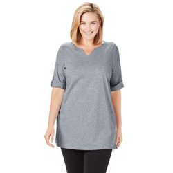 Plus Size Women's Perfect Roll-Tab-Sleeve Notch-Neck Tunic by Woman Within in Medium Heather Grey (Size 1X)