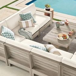 St. Kitts Modular Seating Collection in Weathered Teak - Left-facing Chair, Standard, Moss - Frontgate