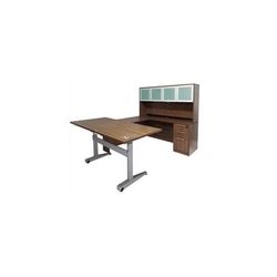 Pneumatic Lift Height Adjustable Managers U-Desk w/Hutch in Modern Walnut
