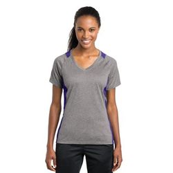 Sport-Tek LST361 Women's Heather Colorblock Contender V-Neck Top in Vintage Heather/Purple size XL