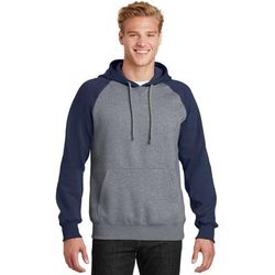 Sport-Tek ST267 Raglan Colorblock Pullover Hooded Sweatshirt in True Navy Blue/Vintage Heather size Large | Cotton Blend