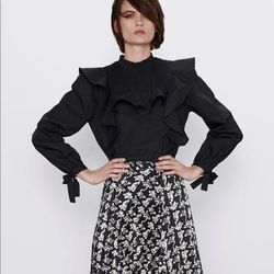 Zara Tops | Hp Zara Ruffled Poplin Top Blouse Shirt Bow Blogg | Color: Black | Size: Various