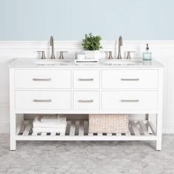 Randolph Morris Everett 60 Inch Birch & Oak Solid Wood Double Sink Console Vanity with Oval Undermount Sinks and White Carrera Marble Countertops - White RMV560-WH