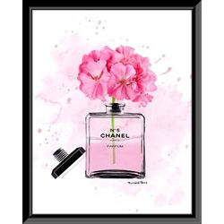 Chanel Bottle Flowers Pink 14" x 18" Framed Print by Venice Beach Collections Inc in Dark Pink