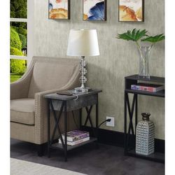 Tucson Flip Top End Table with Charging Station and Shelf in Cement/Black - Convenience Concepts 161859CMBL