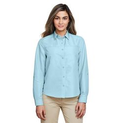 Harriton M580LW Women's Key West Long-Sleeve Performance Staff Shirt in Cloud Blue size XL | Polyester