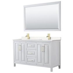 Daria 60 Inch Double Bathroom Vanity in White, Light-Vein Carrara Cultured Marble Countertop, Undermount Square Sinks, 58 Inch Mirror, Brushed Gold Trim - Wyndham WCV252560DWGC2UNSM58