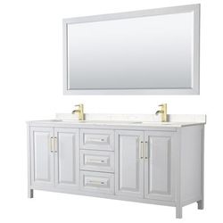 Daria 80 Inch Double Bathroom Vanity in White, Light-Vein Carrara Cultured Marble Countertop, Undermount Square Sinks, 70 Inch Mirror, Brushed Gold Trim - Wyndham WCV252580DWGC2UNSM70