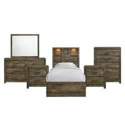Beckett Twin Bookcase Panel 6PC Bedroom Set with Bluetooth - Picket House Furnishings BY520TB6PC