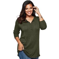 Plus Size Women's Fine Gauge Drop Needle Henley Sweater by Roaman's in Dark Olive Green (Size S)