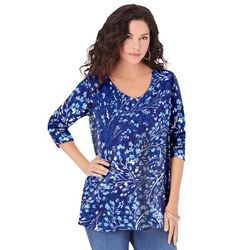 Plus Size Women's Ultimate Long Sleeve V Neck Tee by Roaman's in Navy Swirly Leaves (Size 22/24) Shirt