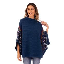 Jane,'100% Baby Alpaca Wool Blue Poncho From Peru'